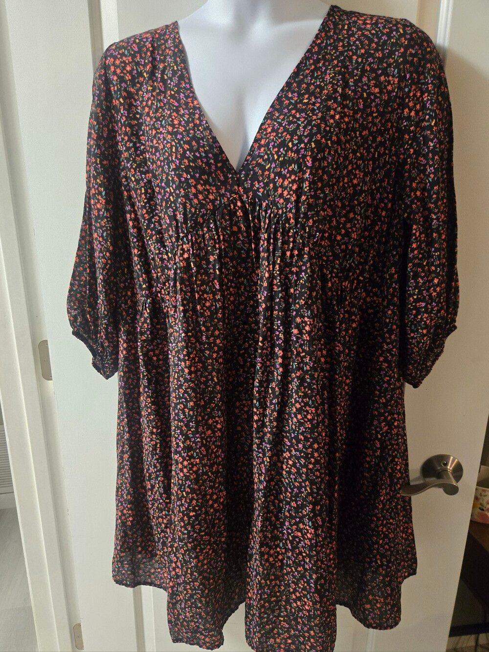 H&M Black Floral Babydoll Dress with Pink and Orange Flowers
